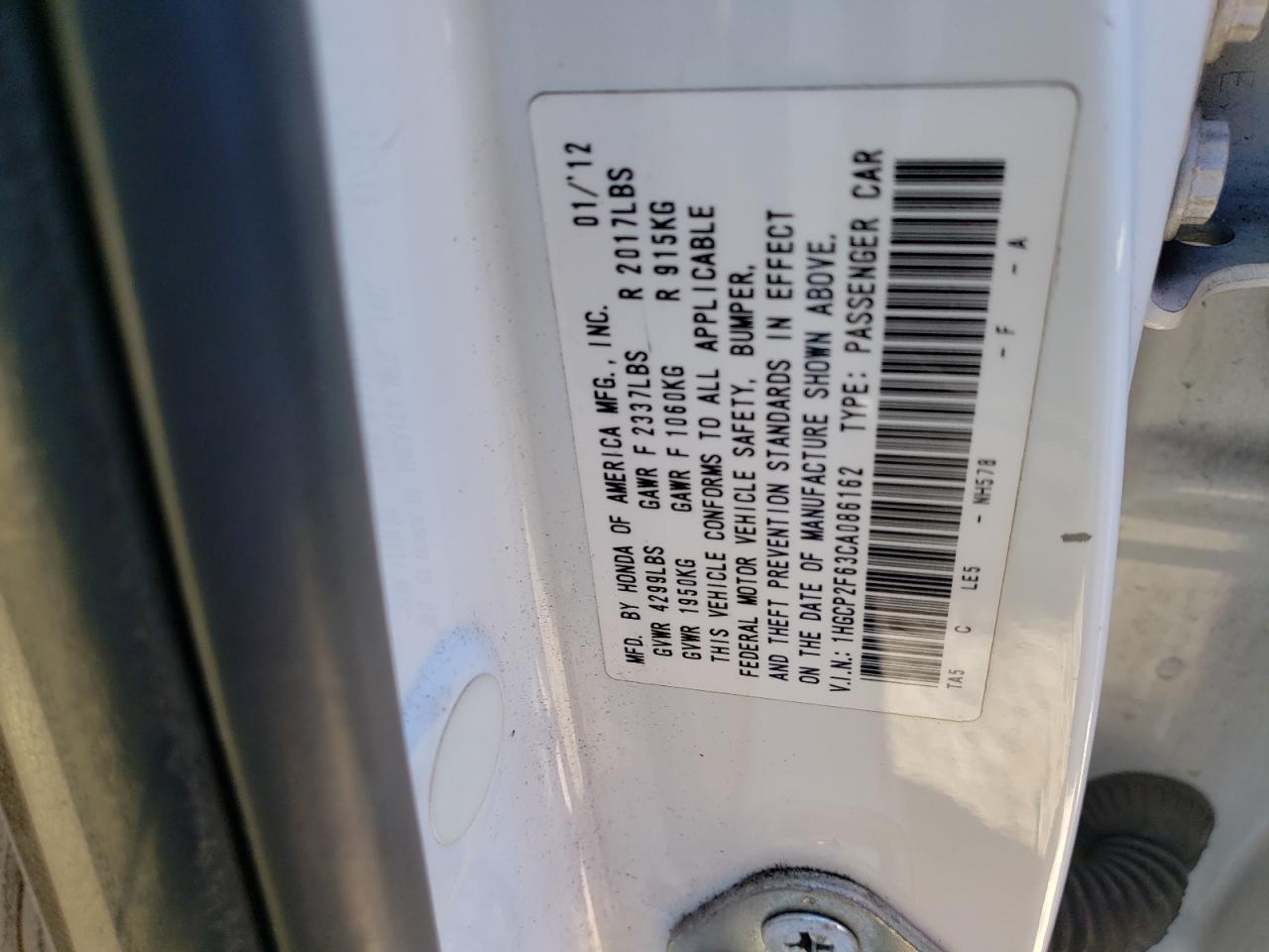 Photo 10 from auction – 2012 HONDA ACCORD SE with VIN 1HGCP2F63CA086162