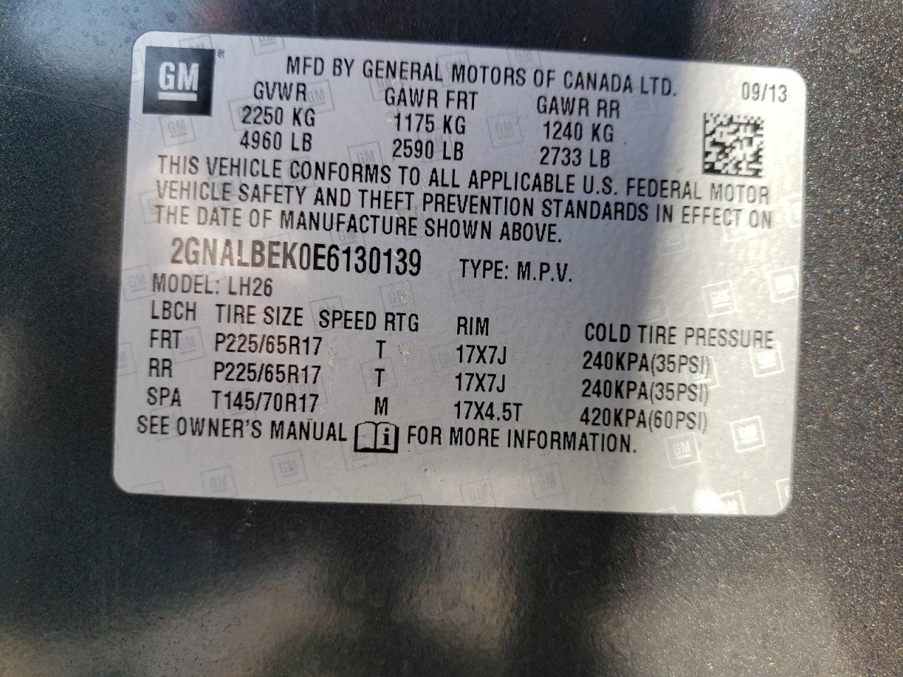 Photo 10 from auction – 2014 CHEVROLET EQUINOX LT with VIN 2GNALBEK0E6130139
