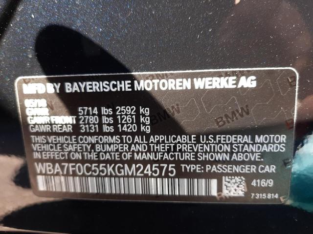 Photo 10 from auction – 2019 BMW 750 I with VIN WBA7F0C55KGM24575