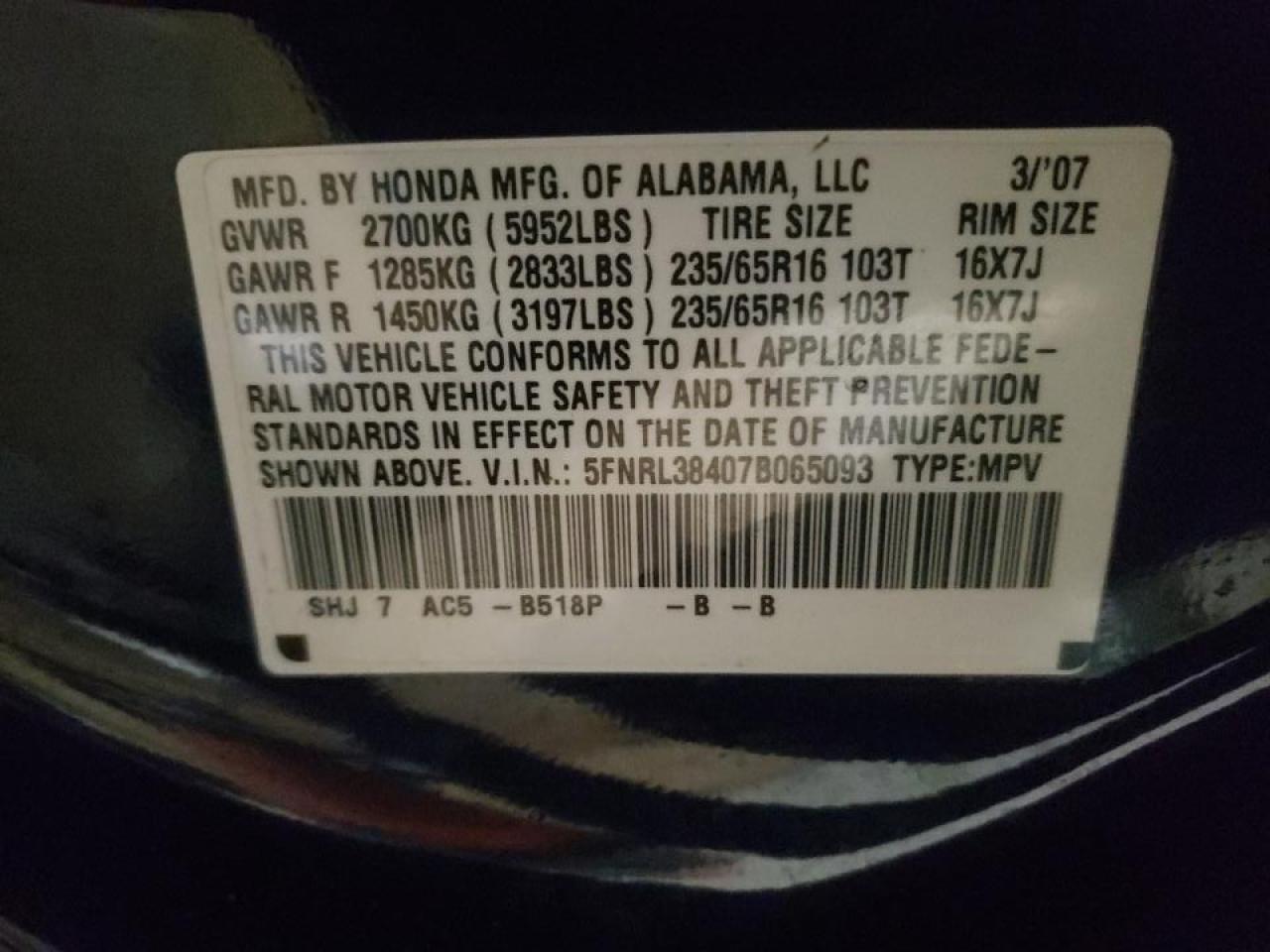 Photo 10 from auction – 2007 HONDA ODYSSEY EX with VIN 5FNRL38407B065093