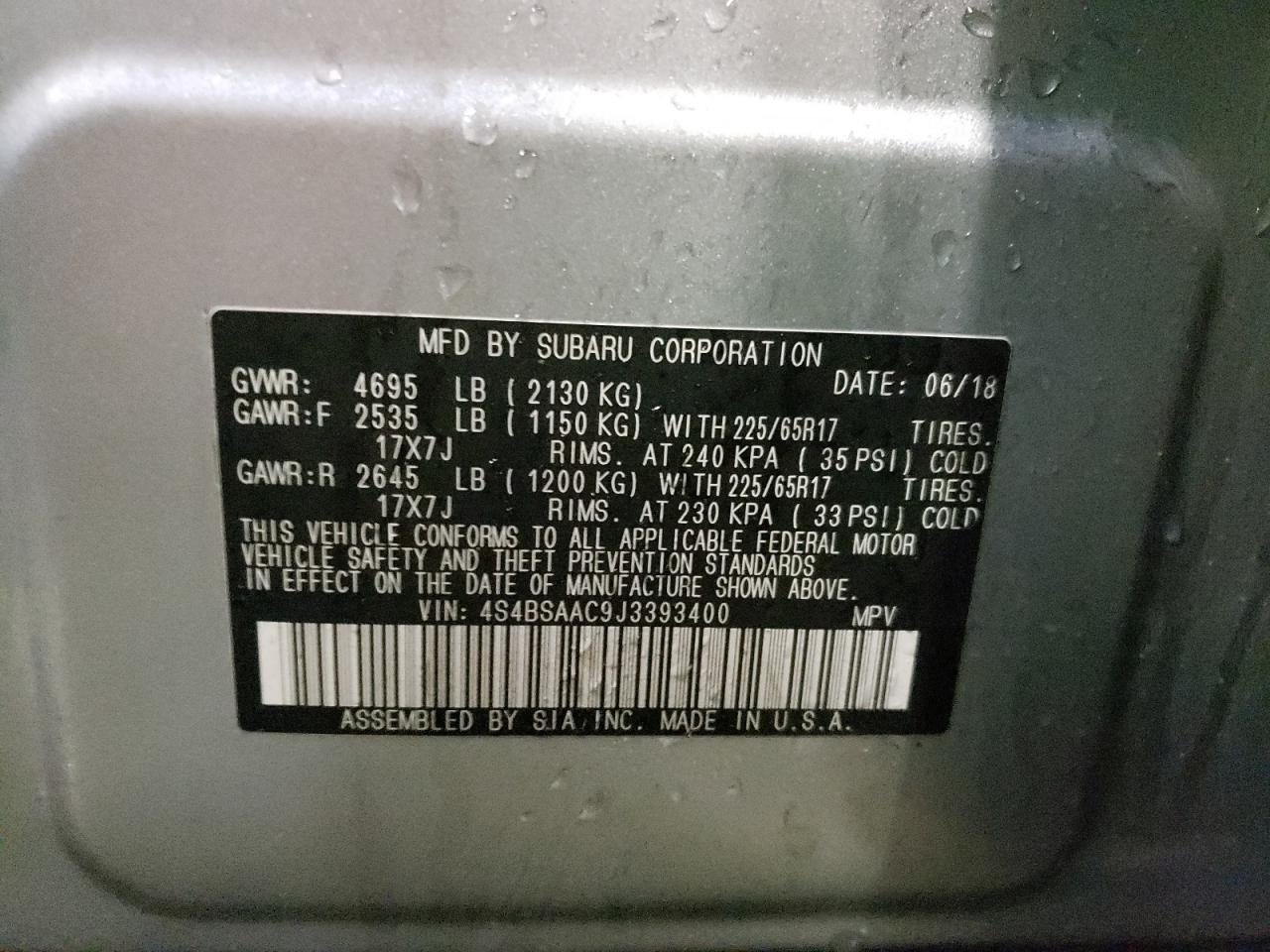 Photo 10 from auction – 2018 SUBARU OUTBACK 2. with VIN 4S4BSAAC9J3393400