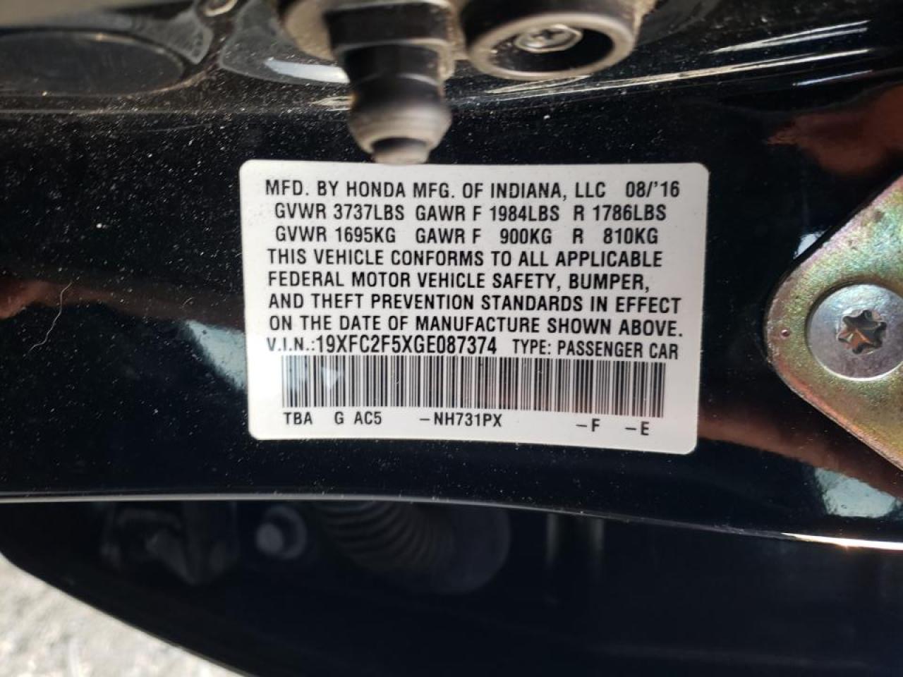 Photo 10 from auction – 2016 HONDA CIVIC LX with VIN 19XFC2F5XGE087374