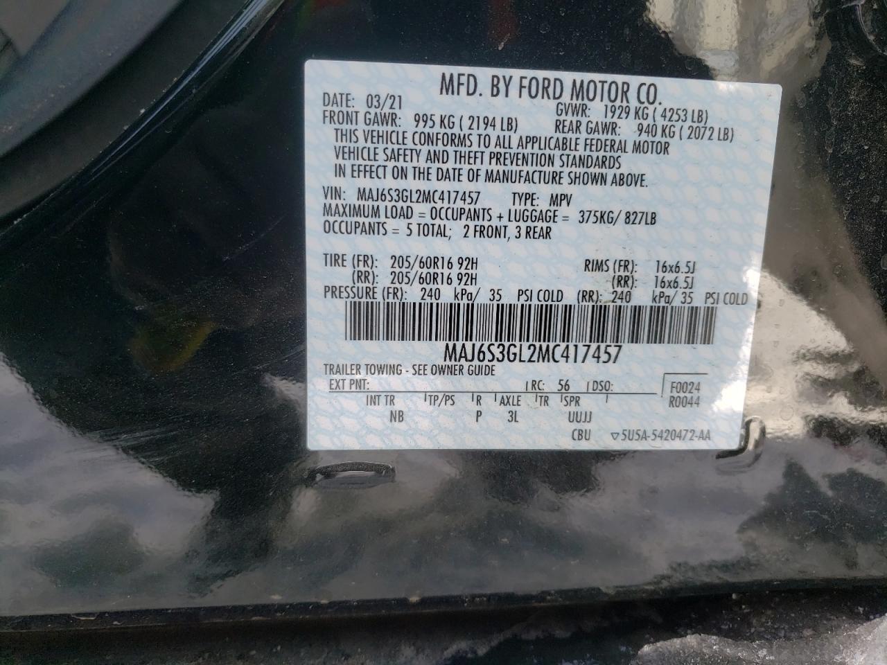 Photo 10 from auction – 2021 FORD ECOSPORT S with VIN MAJ6S3GL2MC417457