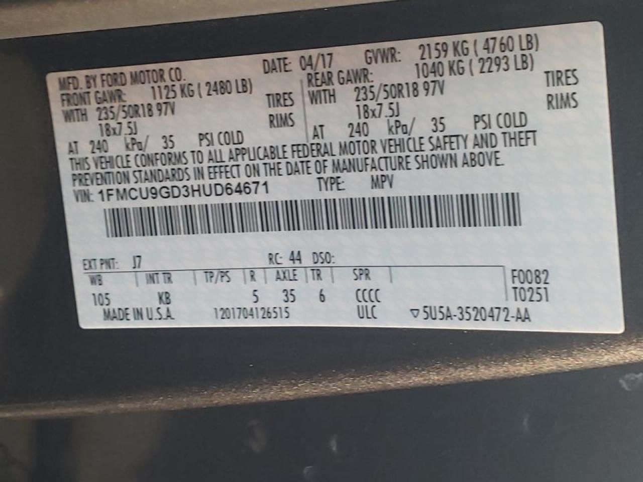 Photo 10 from auction – 2017 FORD ESCAPE SE with VIN 1FMCU9GD3HUD64671