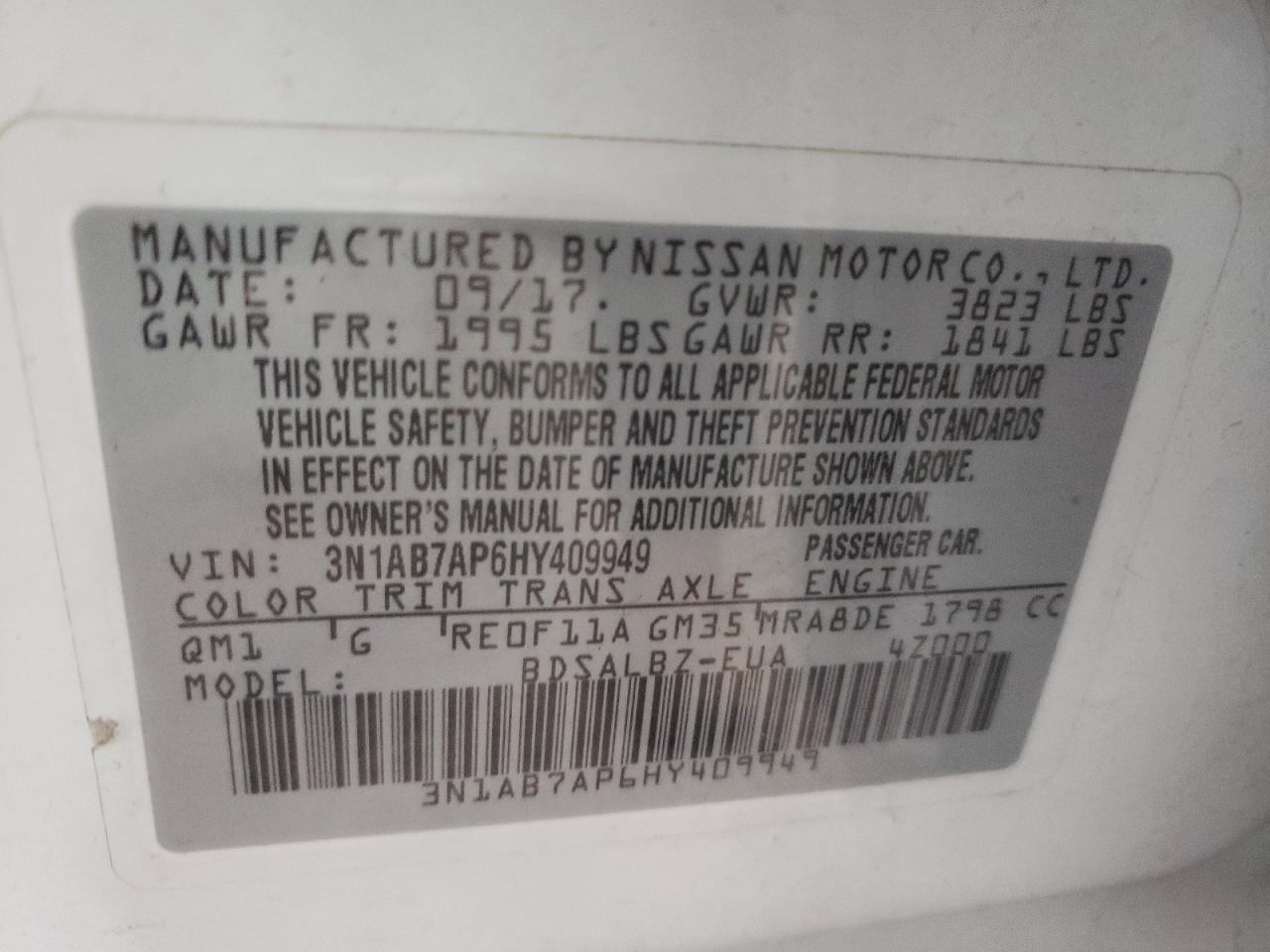 Photo 10 from auction – 2017 NISSAN SENTRA S with VIN 3N1AB7AP6HY409949