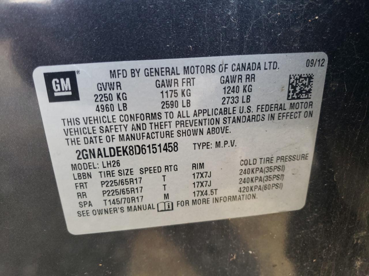 Photo 10 from auction – 2013 CHEVROLET EQUINOX LT with VIN 2GNALDEK8D6151458
