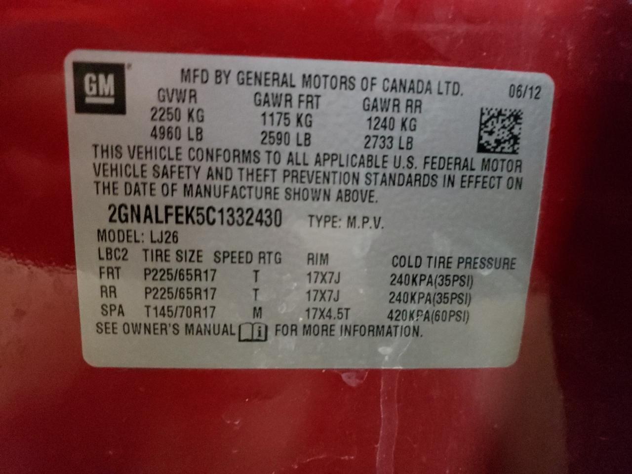 Photo 10 from auction – 2012 CHEVROLET EQUINOX LT with VIN 2GNALFEK5C1332430