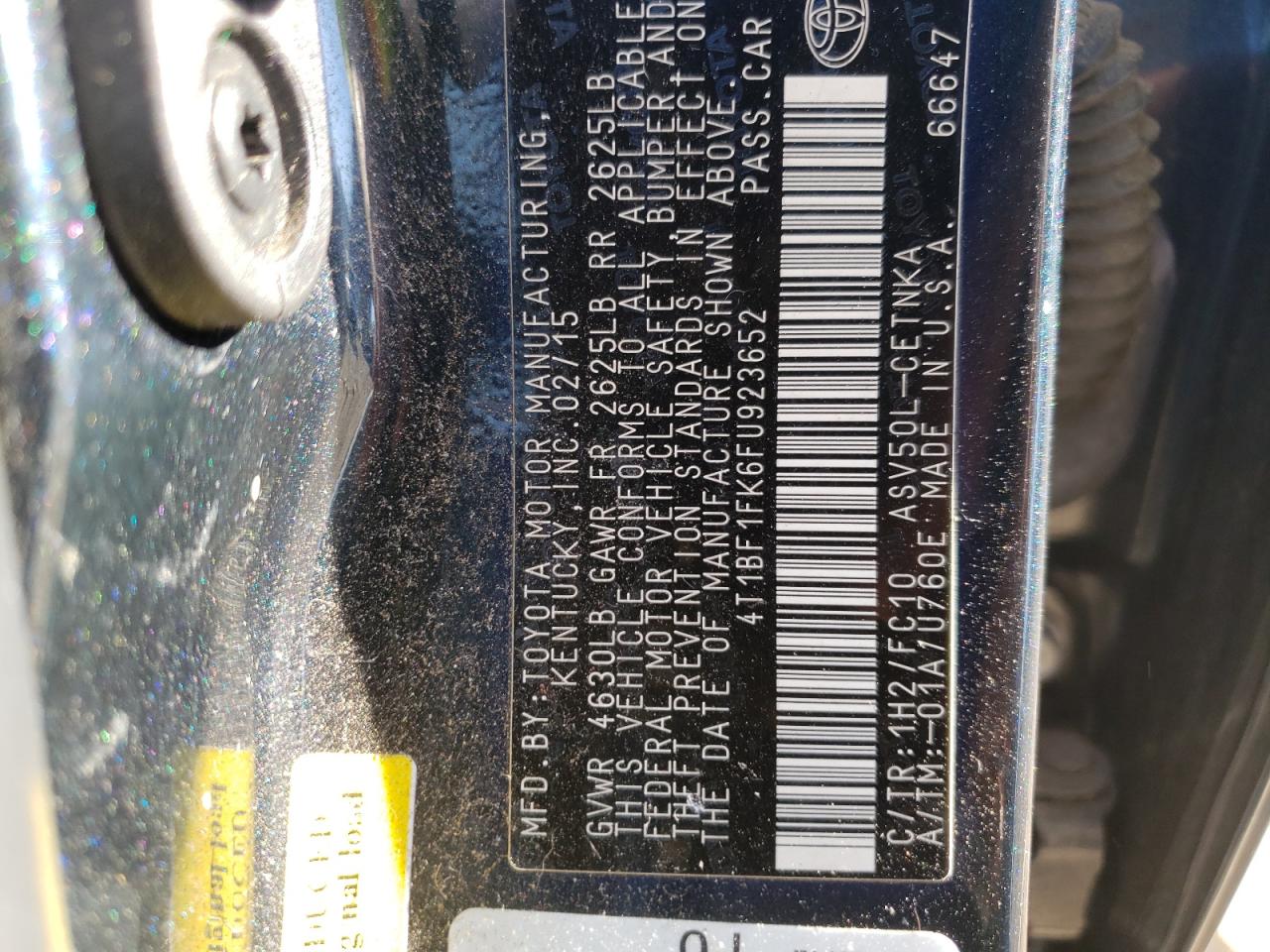 Photo 10 from auction – 2015 TOYOTA CAMRY LE with VIN 4T1BF1FK6FU923652