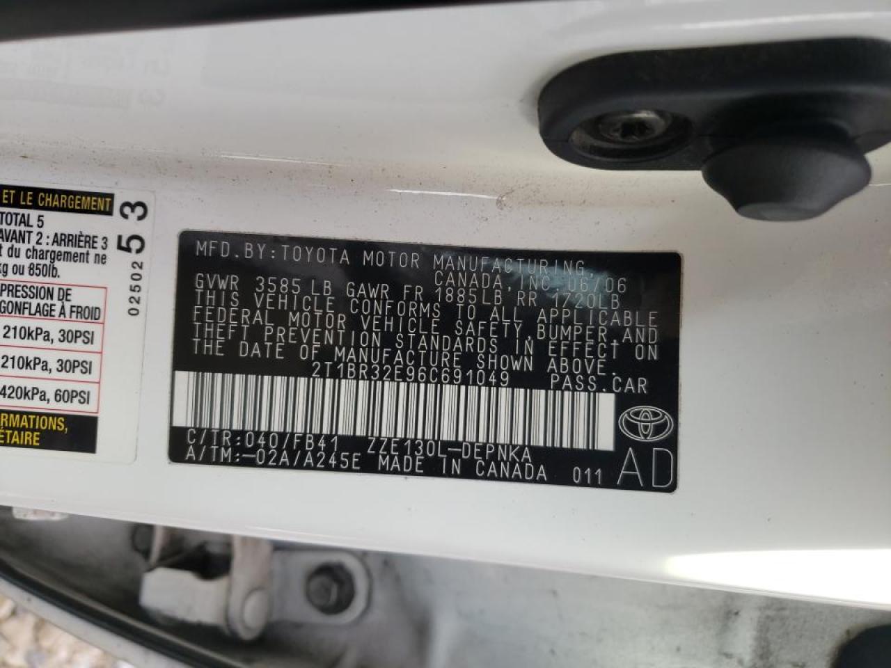 Zdjęcie 10 z aukcji – 2006 TOYOTA COROLLA CE z VIN 2T1BR32E96C691049