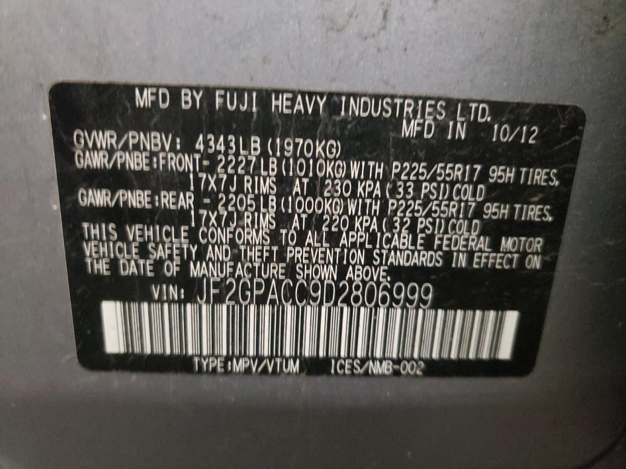 Photo 10 from auction – 2013 SUBARU XV CROSSTR with VIN JF2GPACC9D2806999