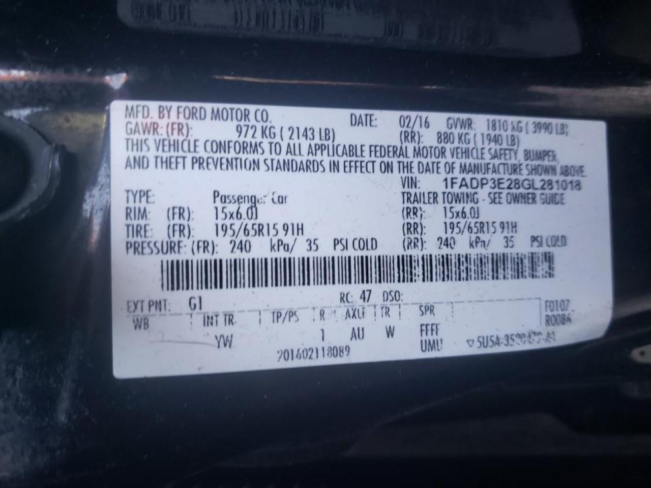 Photo 10 from auction – 2016 FORD FOCUS S with VIN 1FADP3E28GL281018
