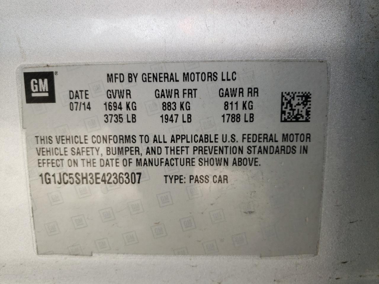 Photo 10 from auction – 2014 CHEVROLET SONIC LT with VIN 1G1JC5SH3E4236307