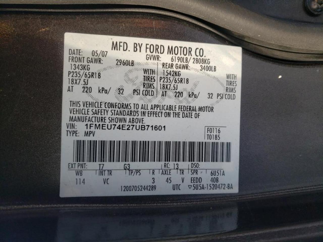 Photo 10 from auction – 2007 FORD EXPLORER E with VIN 1FMEU74E27UB71601