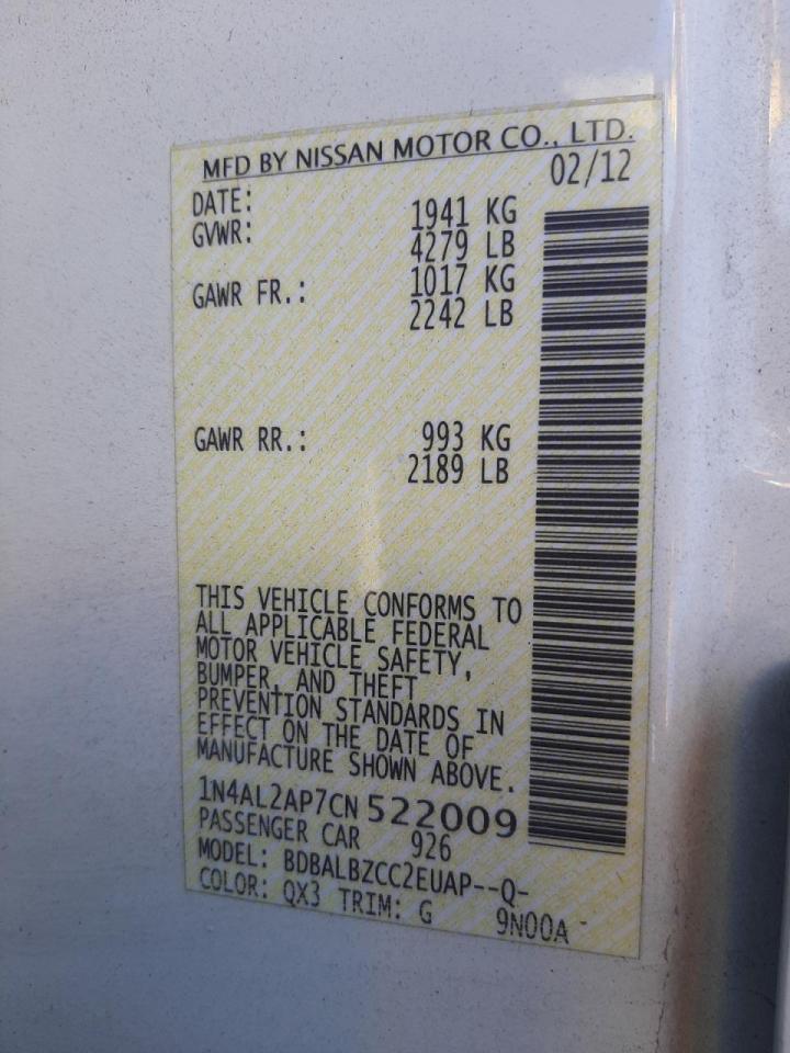 Photo 10 from auction – 2012 NISSAN ALTIMA BAS with VIN 1N4AL2AP7CN522009