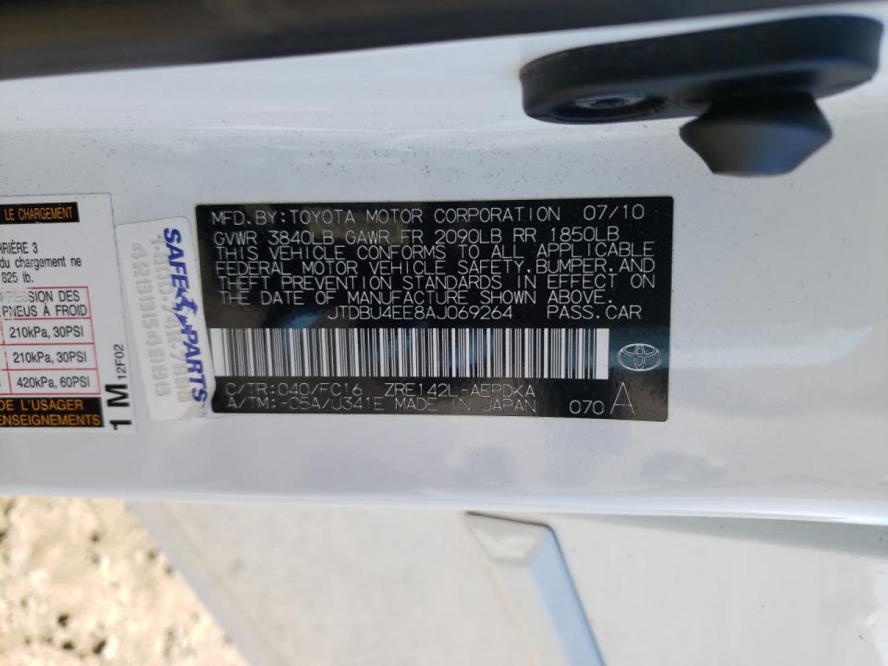 Photo 10 from auction – 2010 TOYOTA COROLLA BA with VIN JTDBU4EE8AJ069264