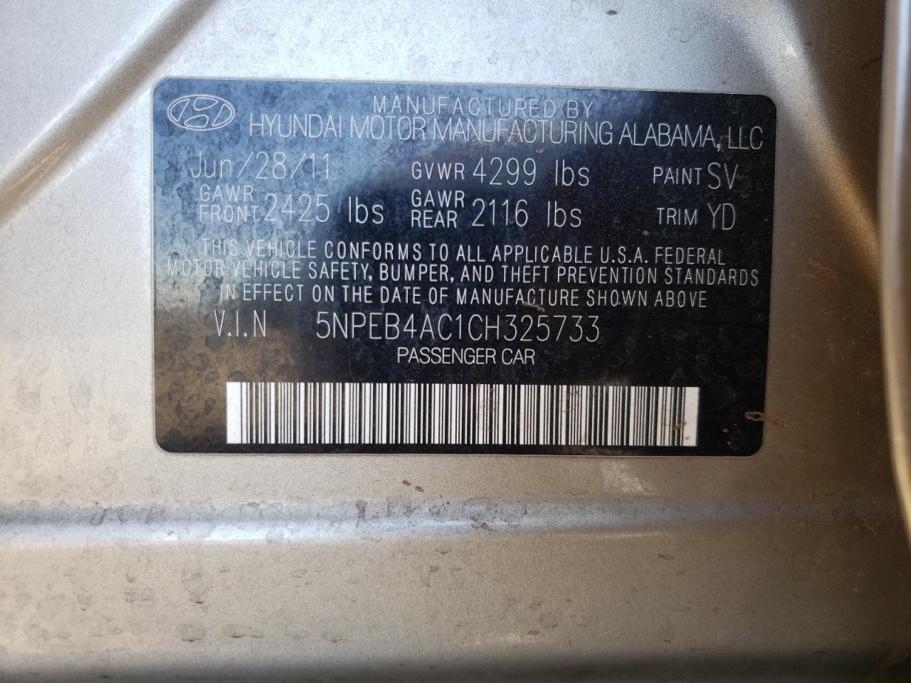 Photo 10 from auction – 2012 HYUNDAI SONATA GLS with VIN 5NPEB4AC1CH325733