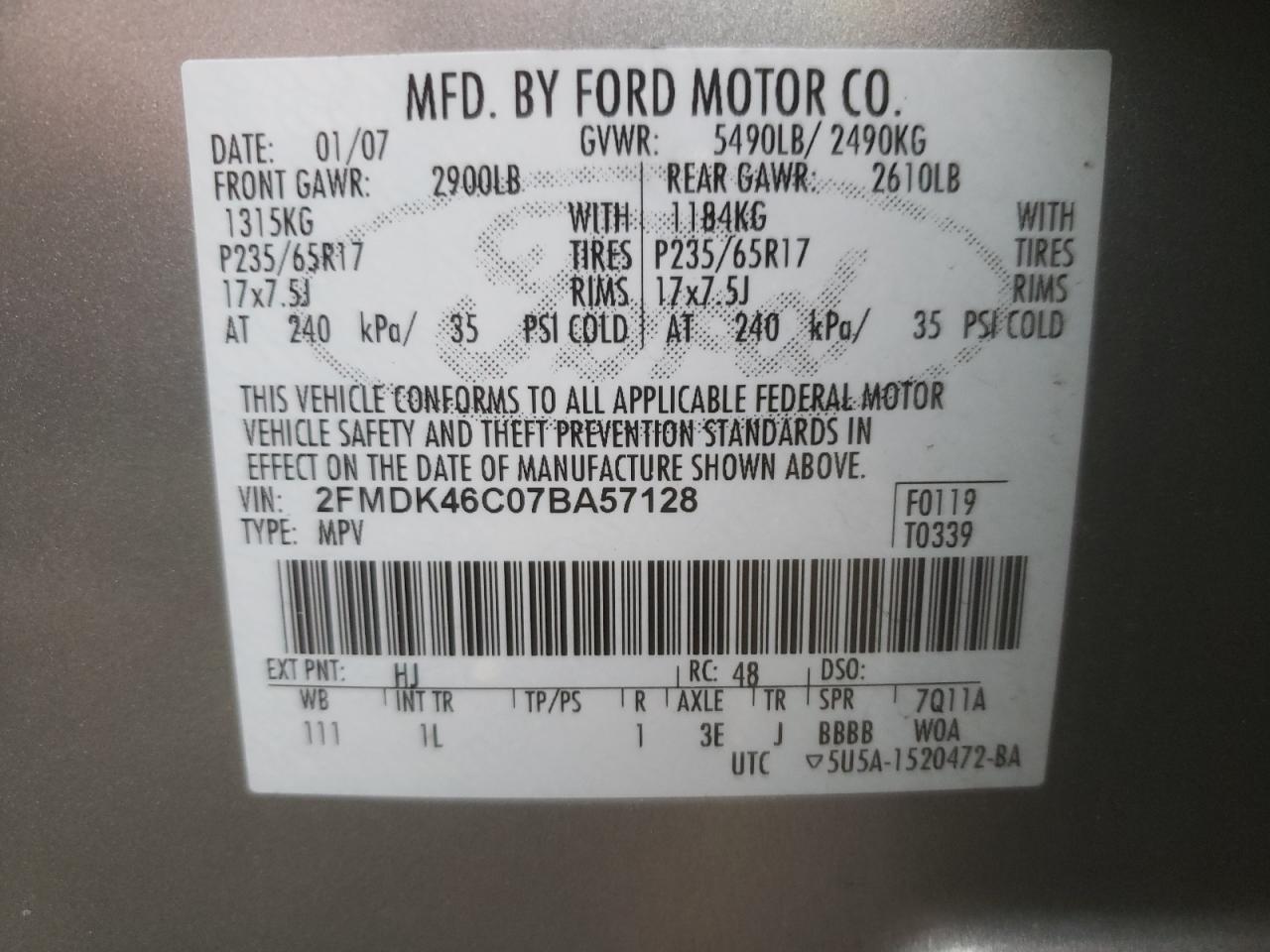 Photo 10 from auction – 2007 FORD EDGE SE with VIN 2FMDK46C07BA57128