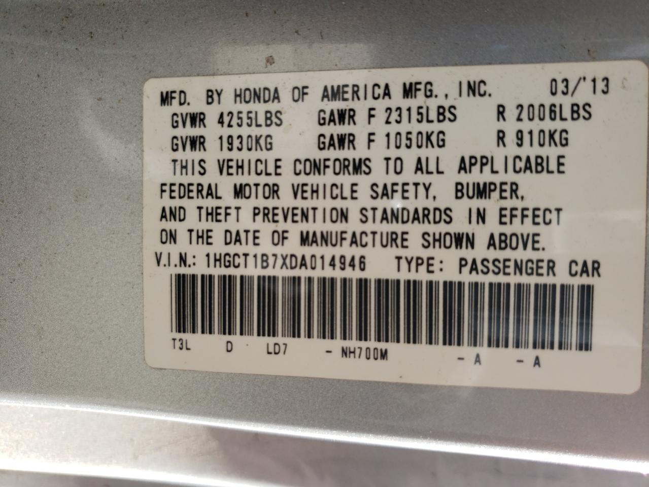 Photo 10 from auction – 2013 HONDA ACCORD EX with VIN 1HGCT1B7XDA014946