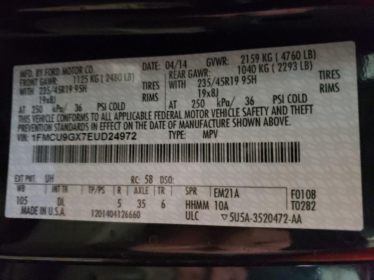 Photo 10 from auction – 2014 FORD ESCAPE SE with VIN 1FMCU9GX7EUD24972