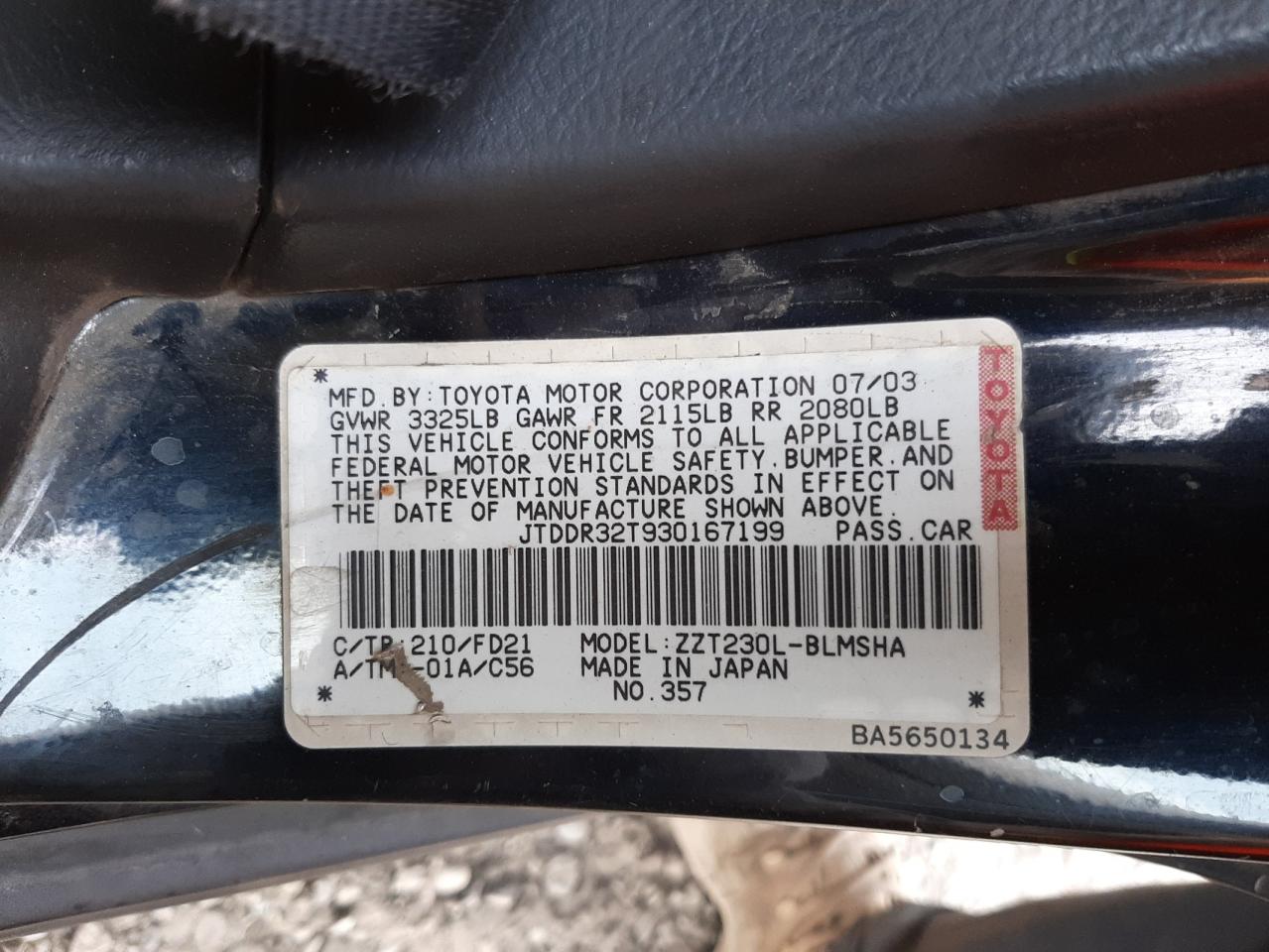 Photo 10 from auction – 2003 TOYOTA CELICA GT with VIN JTDDR32T930167199