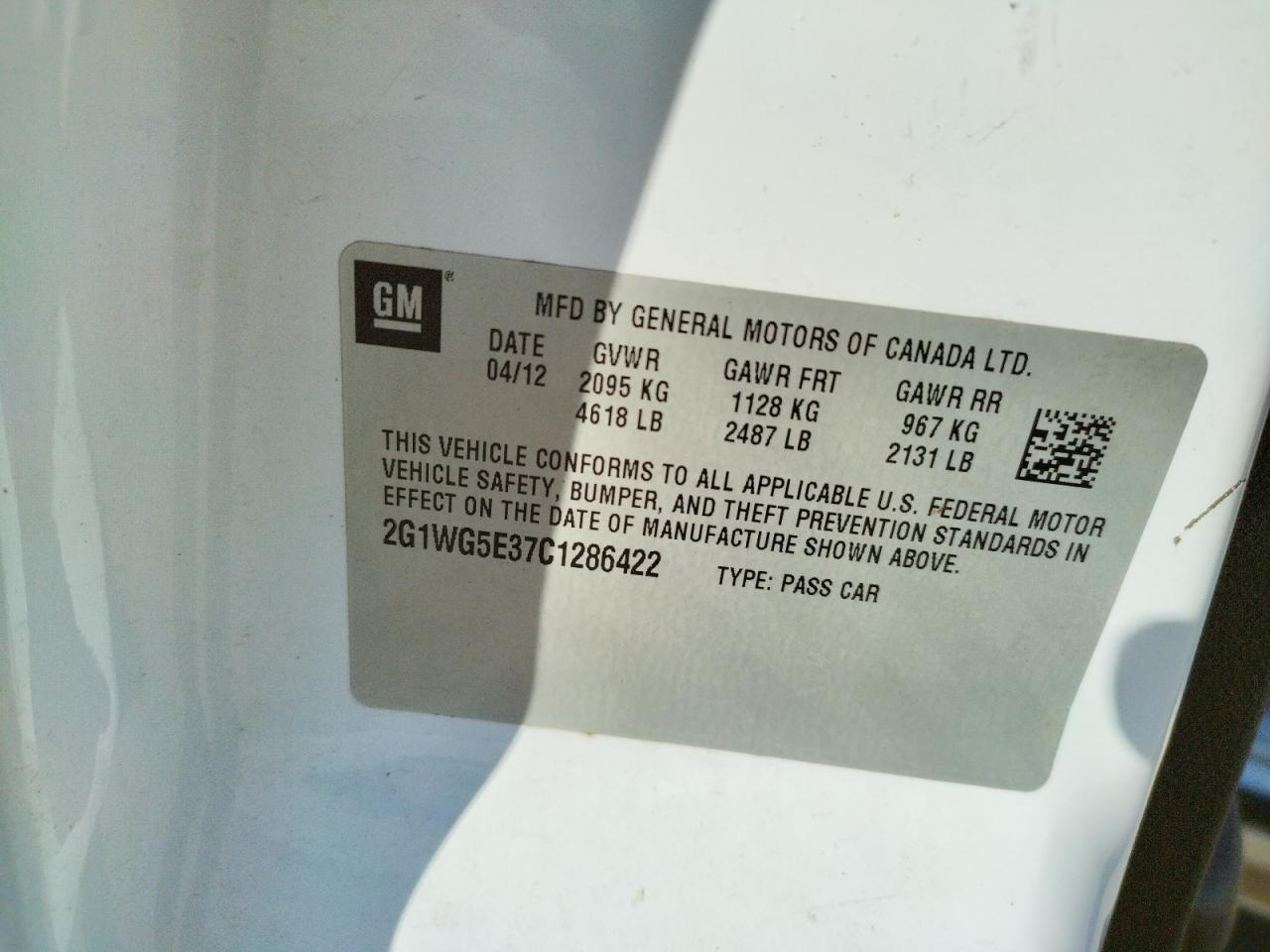 Photo 10 from auction – 2012 CHEVROLET IMPALA LT with VIN 2G1WG5E37C1286422