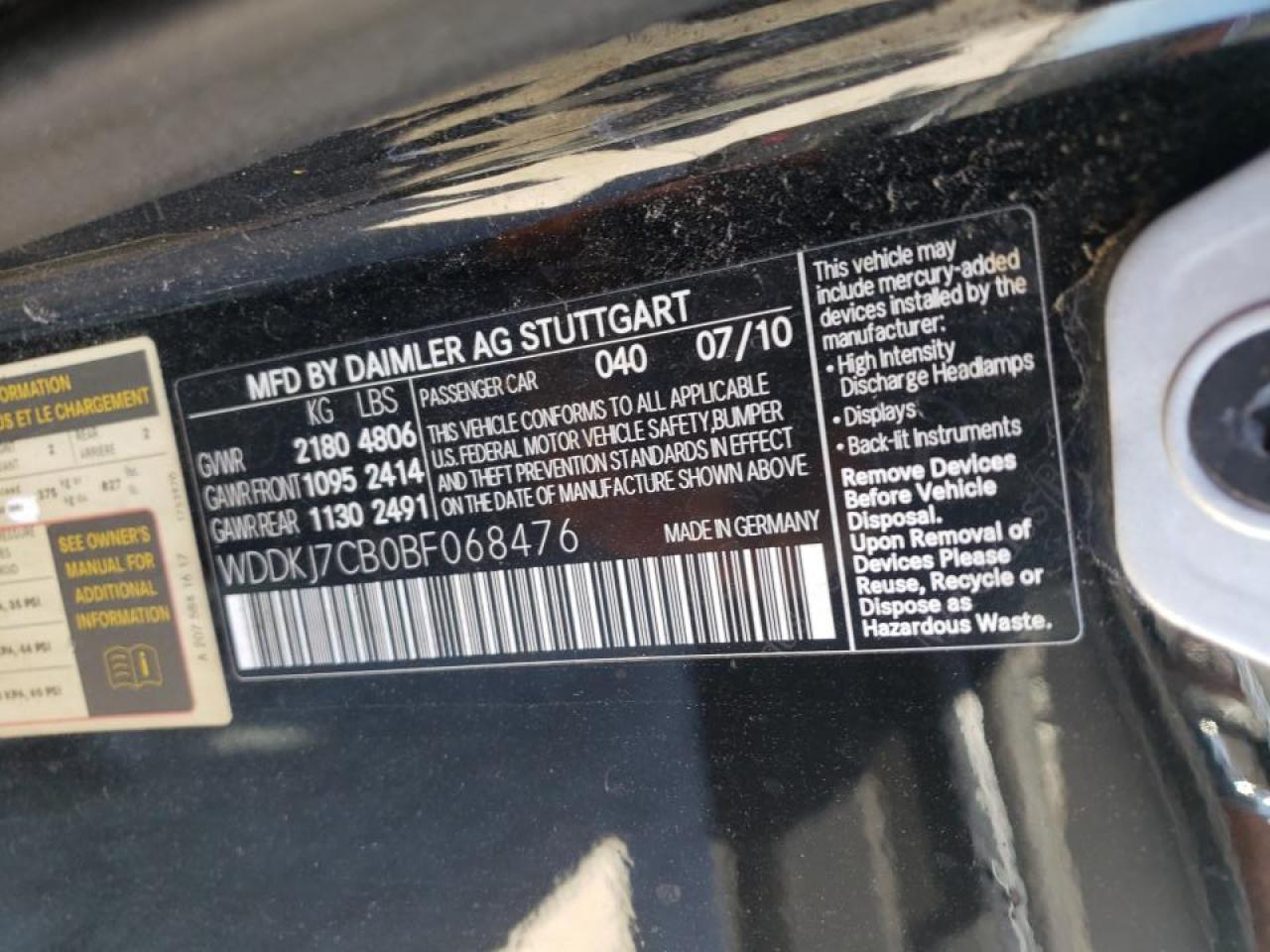 Photo 10 from auction – 2011 MERCEDES-BENZ E 550 with VIN WDDKJ7CB0BF068476