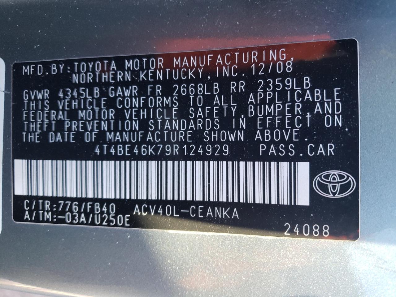 Photo 10 from auction – 2009 TOYOTA CAMRY BASE with VIN 4T4BE46K79R124929