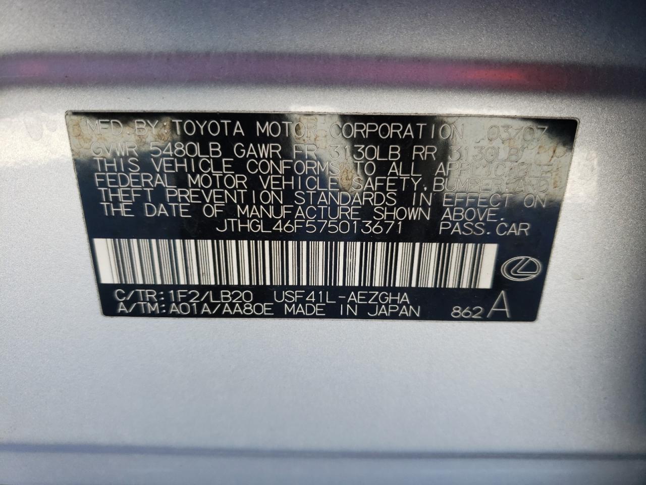 Photo 10 from auction – 2007 LEXUS LS 460L with VIN JTHGL46F575013671