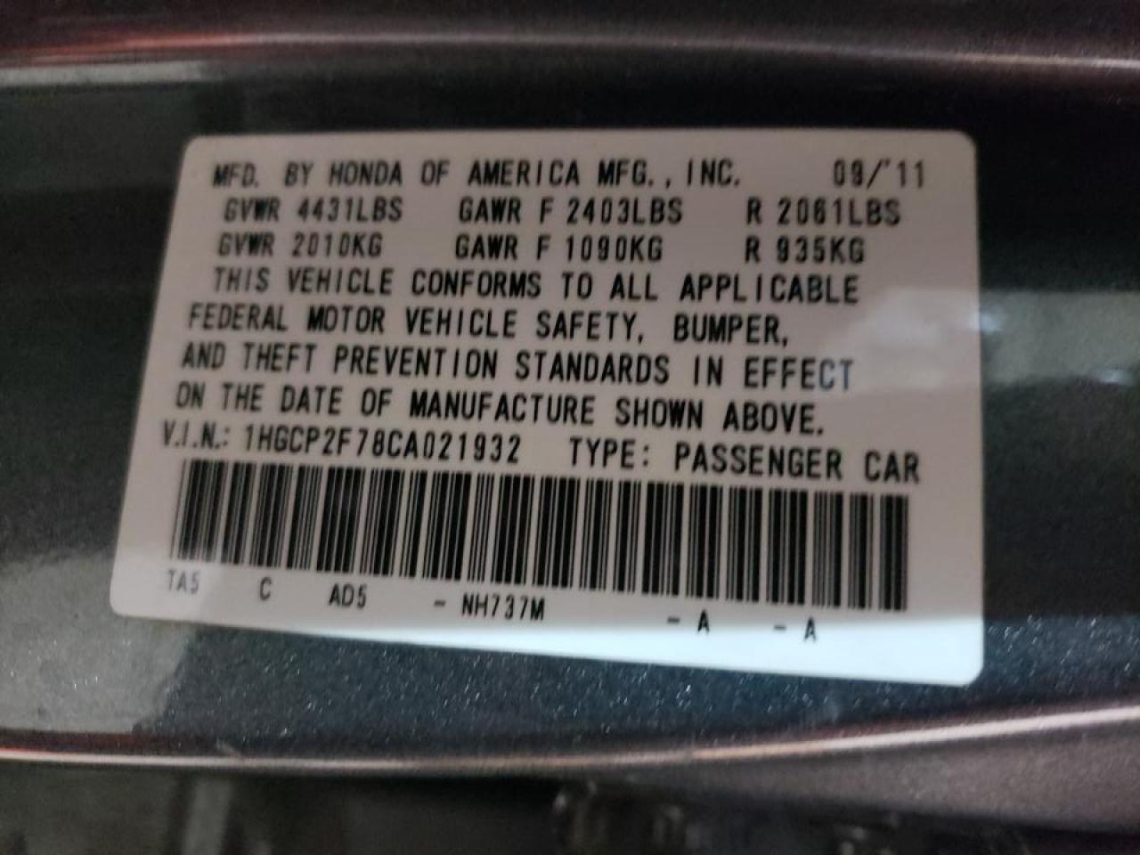 Photo 10 from auction – 2012 HONDA ACCORD EX with VIN 1HGCP2F78CA021932