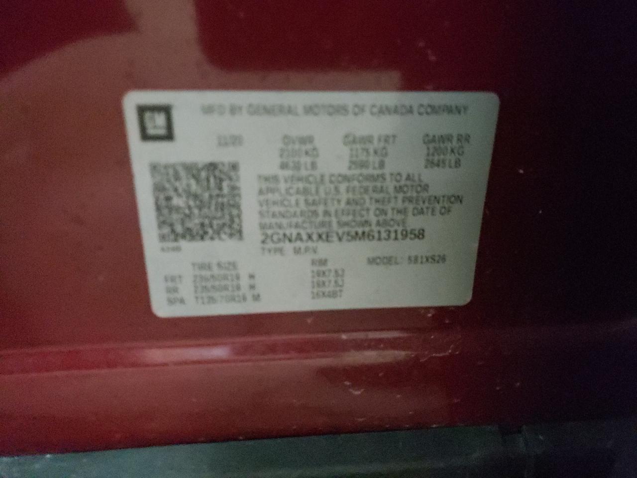 Photo 10 from auction – 2021 CHEVROLET EQUINOX PR with VIN 2GNAXXEV5M6131958