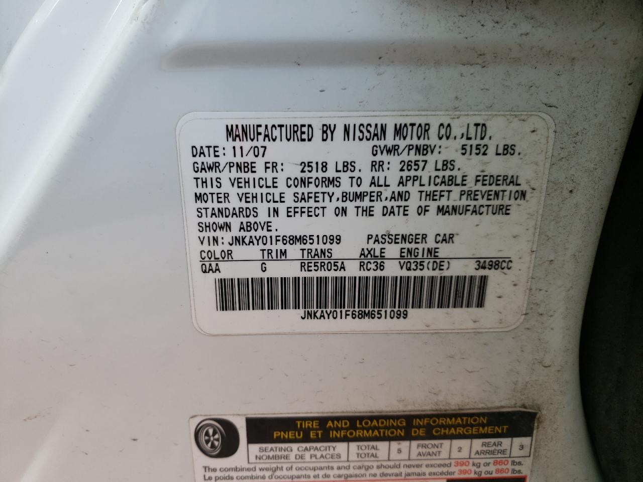 Photo 10 from auction – 2008 INFINITI M35 BASE with VIN JNKAY01F68M651099