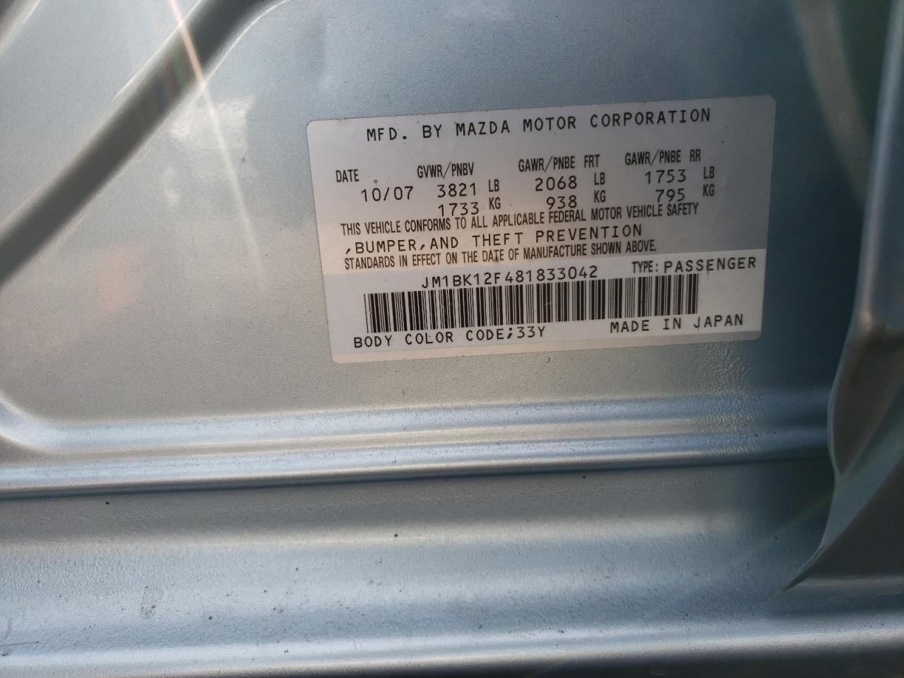 Photo 10 from auction – 2008 MAZDA 3 I with VIN JM1BK12F481833042