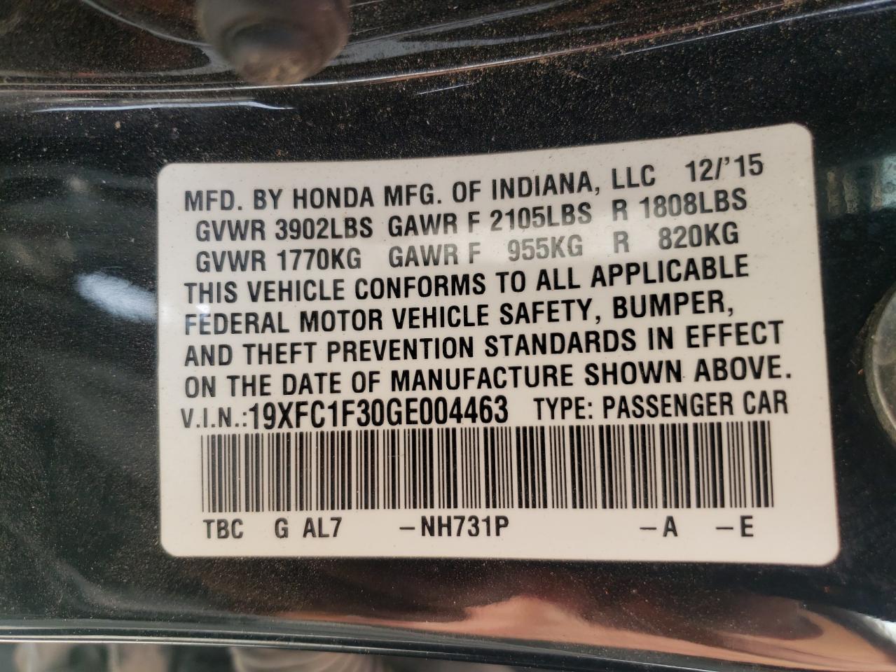 Photo 10 from auction – 2016 HONDA CIVIC EX with VIN 19XFC1F30GE004463