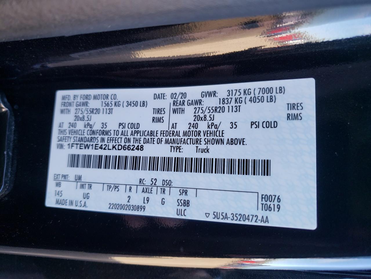Photo 10 from auction – 2020 FORD F150 SUPER with VIN 1FTEW1E42LKD66248