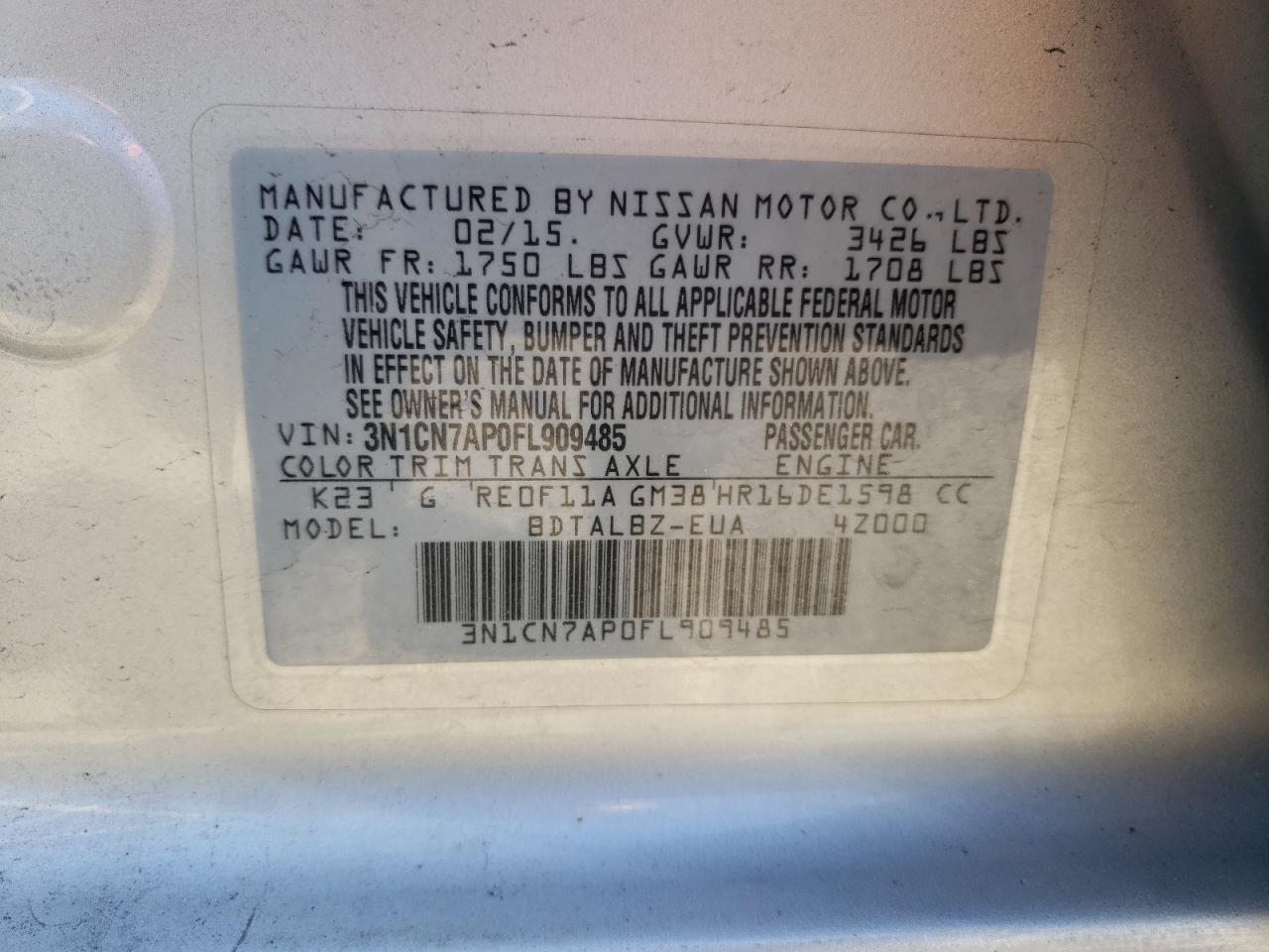 Photo 10 from auction – 2015 NISSAN VERSA S with VIN 3N1CN7AP0FL909485