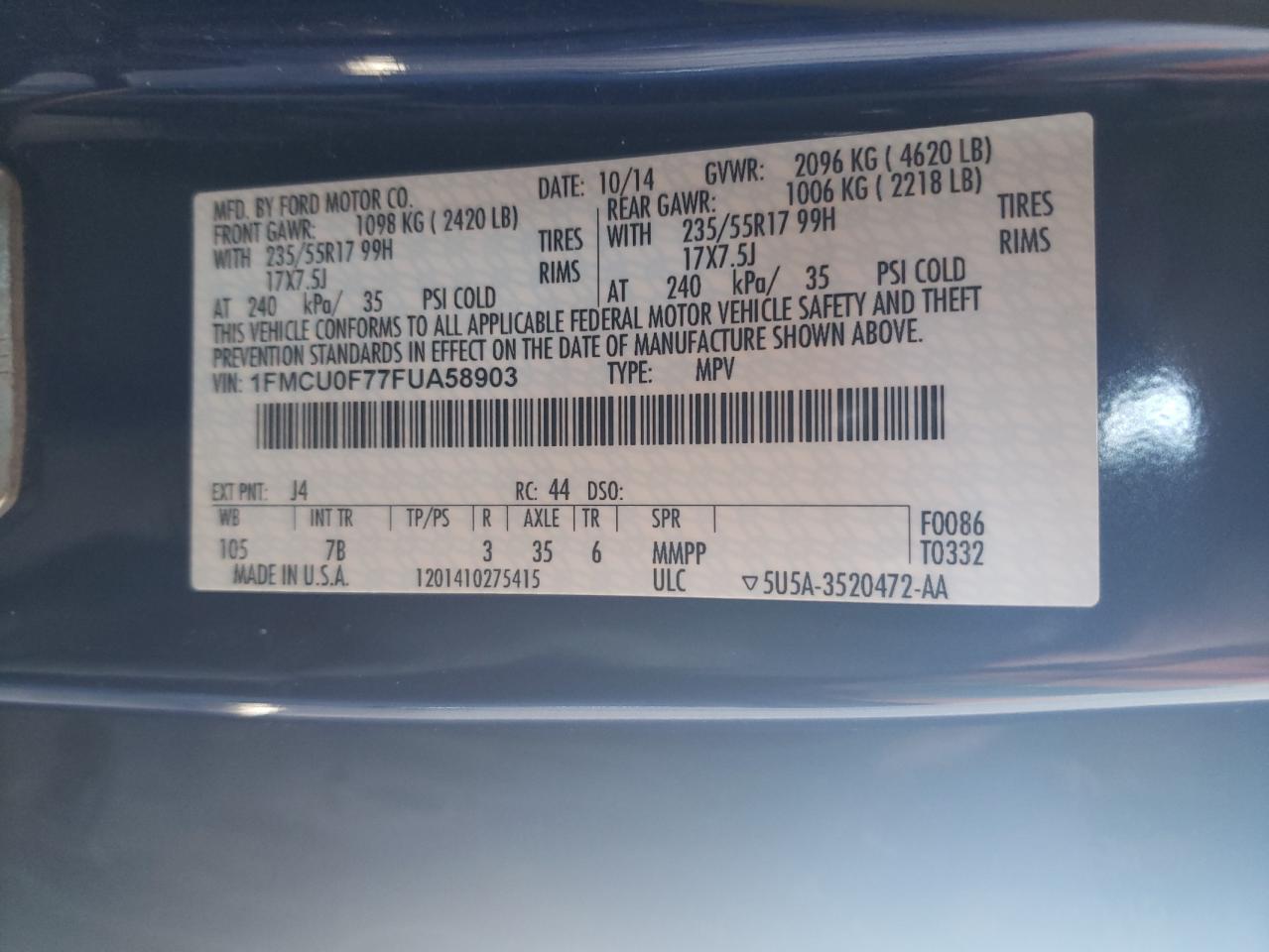 Photo 10 from auction – 2015 FORD ESCAPE S with VIN 1FMCU0F77FUA58903