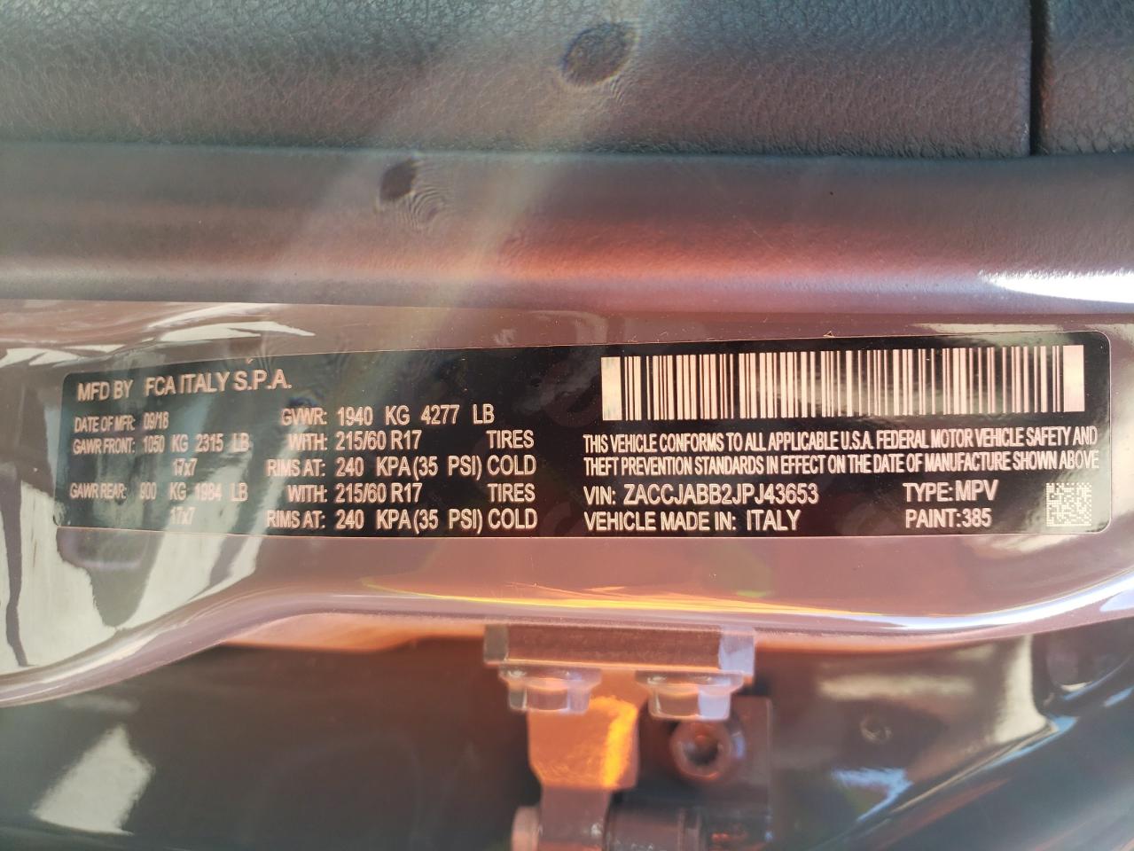 Photo 10 from auction – 2018 JEEP RENEGADE L with VIN ZACCJABB2JPJ43653