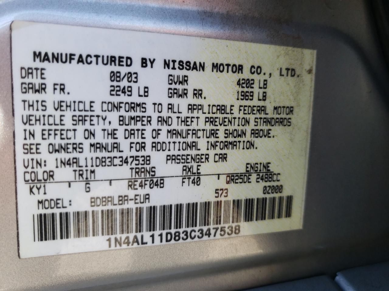 Photo 10 from auction – 2003 NISSAN ALTIMA BAS with VIN 1N4AL11D83C347538