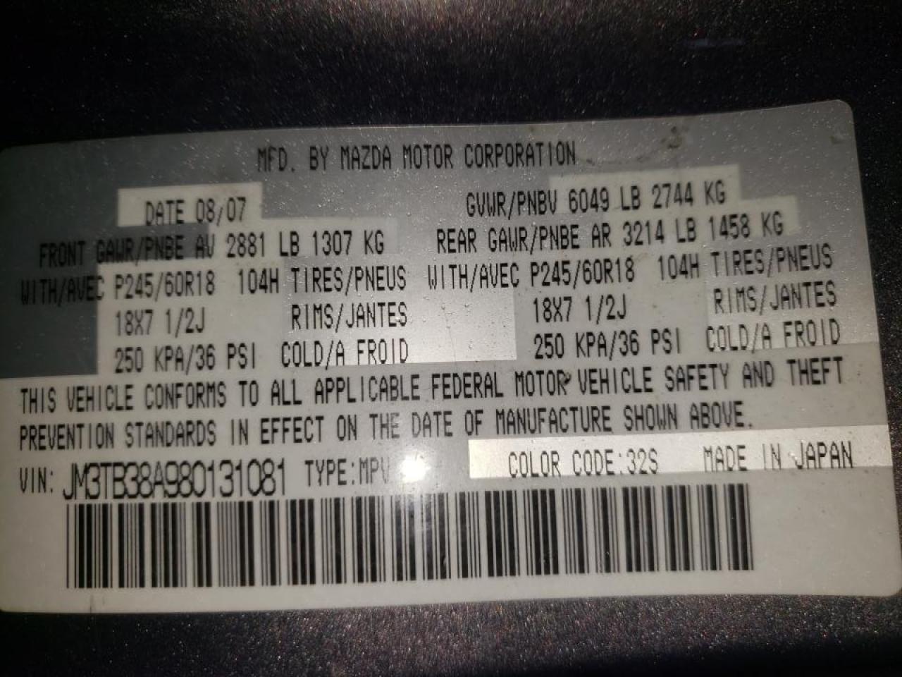 Фото 10 с аукциона – 2008 MAZDA CX-9 с VIN JM3TB38A980131081