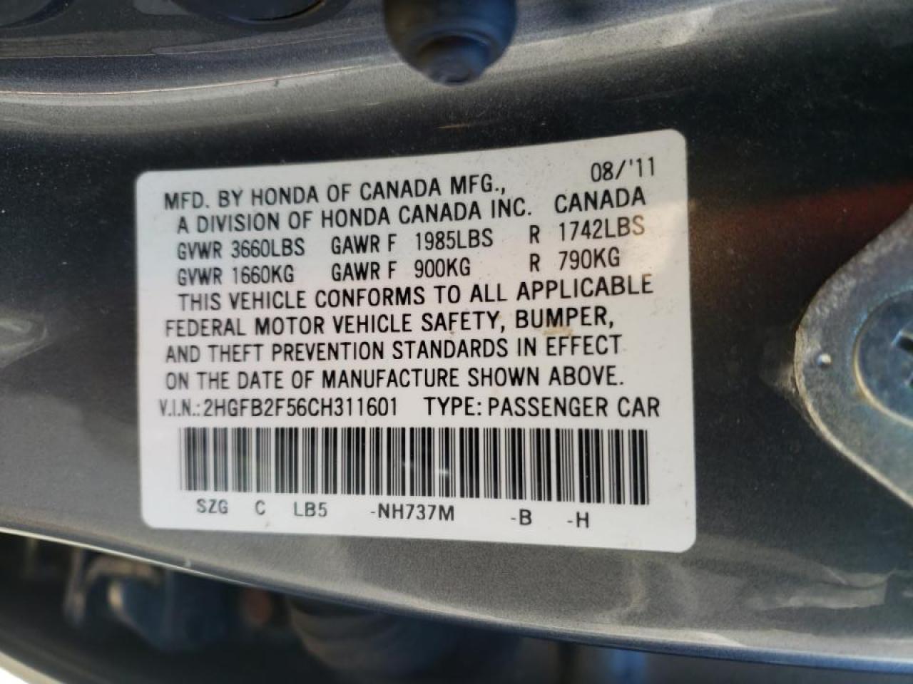 Photo 10 from auction – 2012 HONDA CIVIC LX with VIN 2HGFB2F56CH311601