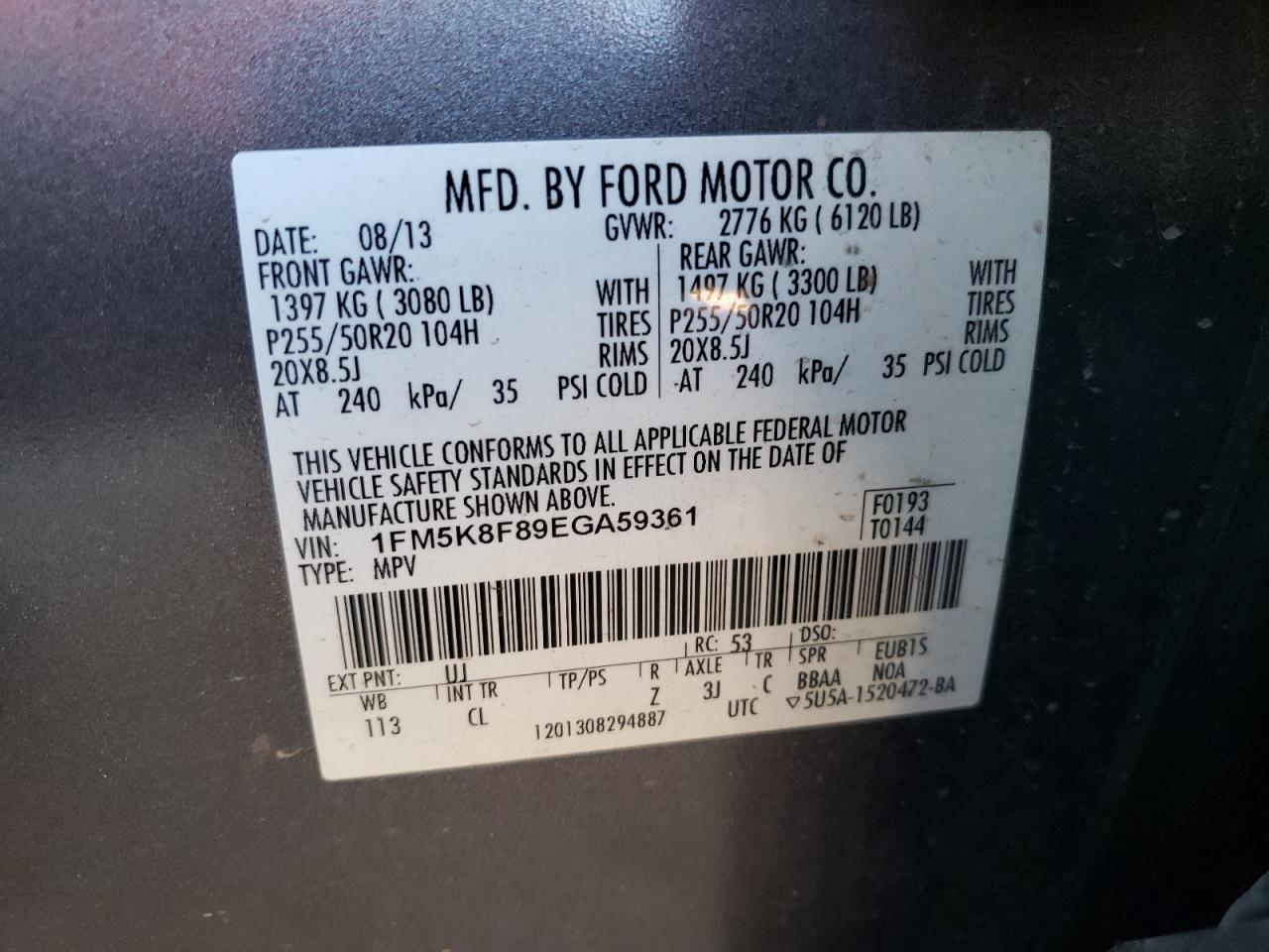 Photo 10 from auction – 2014 FORD EXPLORER L with VIN 1FM5K8F89EGA59361