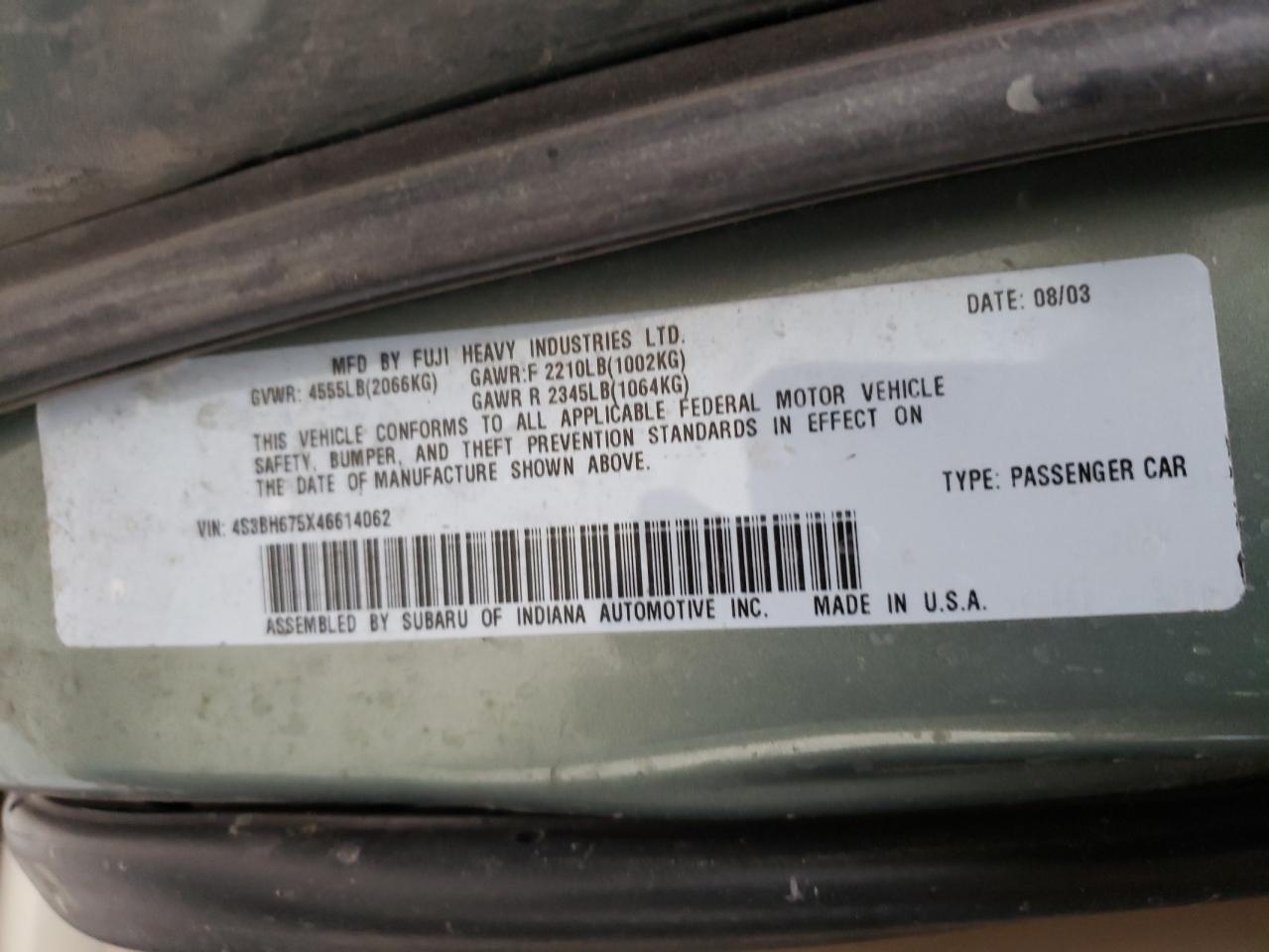 Photo 10 from auction – 2004 SUBARU LEGACY OUT with VIN 4S3BH675X46614062