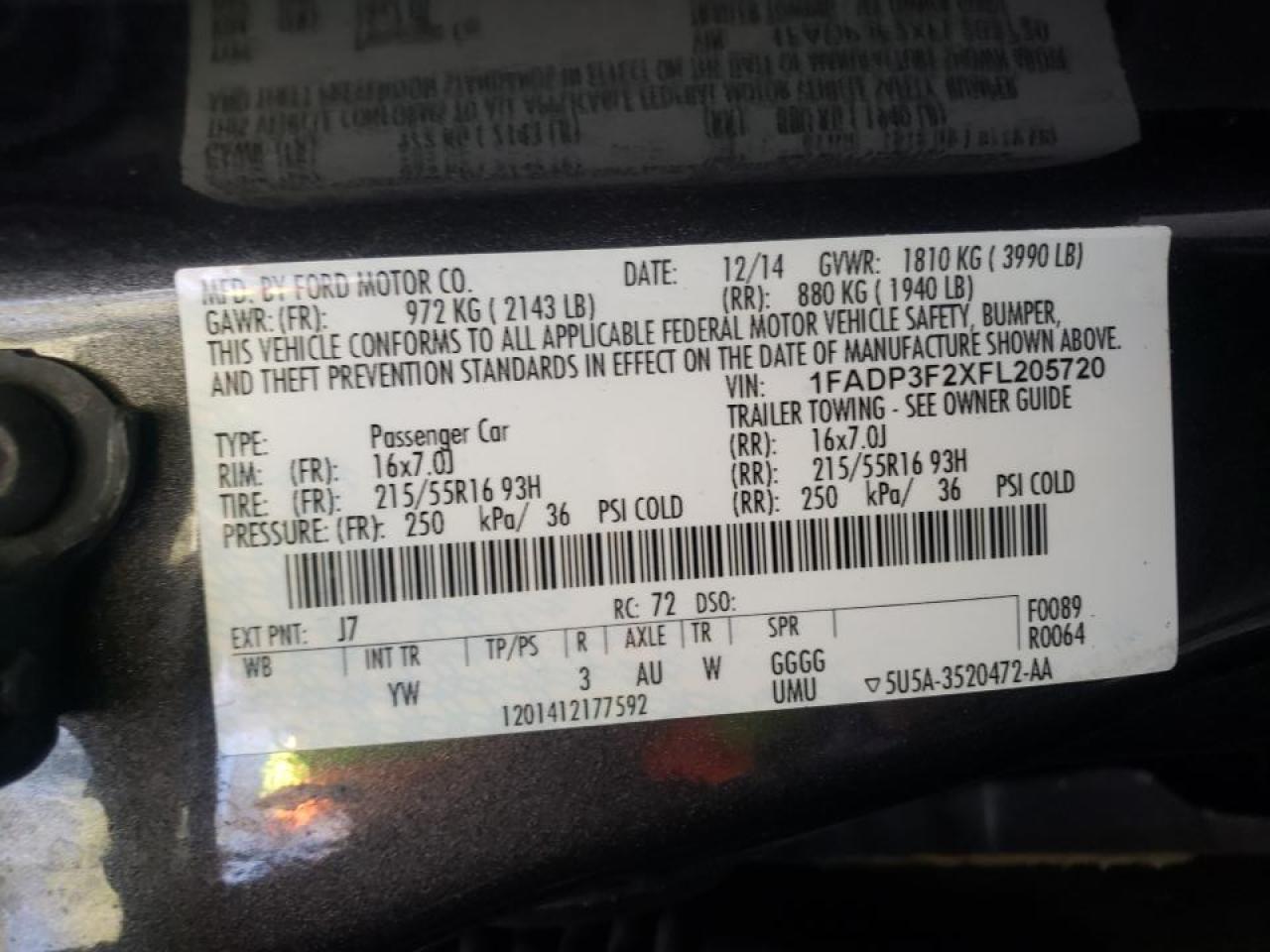 Photo 10 from auction – 2015 FORD FOCUS SE with VIN 1FADP3F2XFL205720