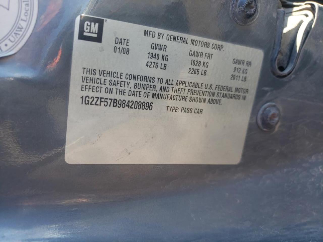 Photo 10 from auction – 2008 PONTIAC G6 VALUE L with VIN 1G2ZF57B984208896