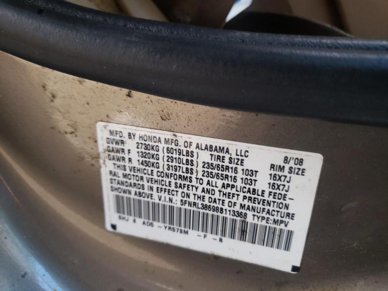 Photo 10 from auction – 2008 HONDA ODYSSEY EX with VIN 5FNRL38698B113368