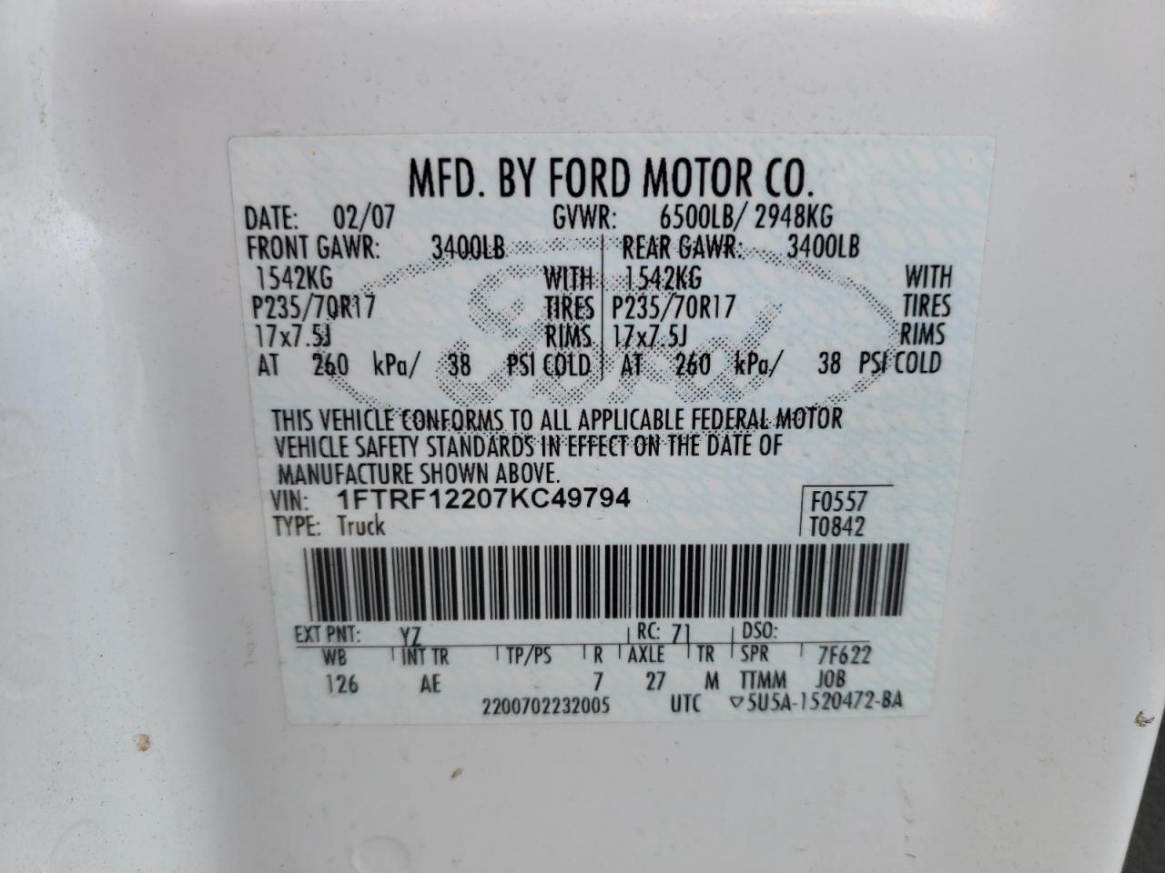 Photo 10 from auction – 2007 FORD F150 with VIN 1FTRF12207KC49794