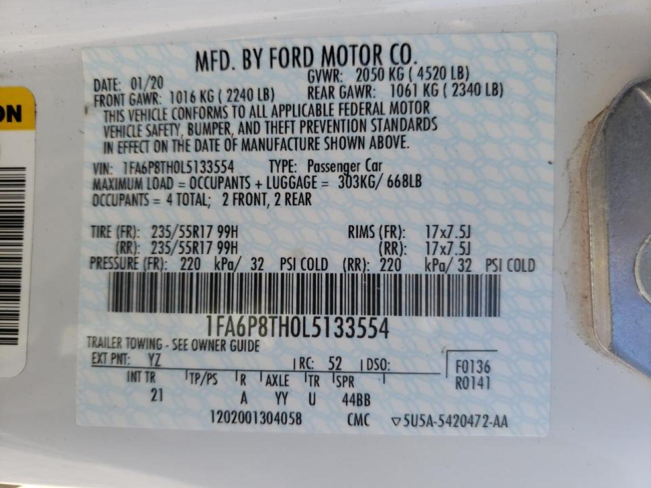 Photo 10 from auction – 2020 FORD MUSTANG with VIN 1FA6P8TH0L5133554