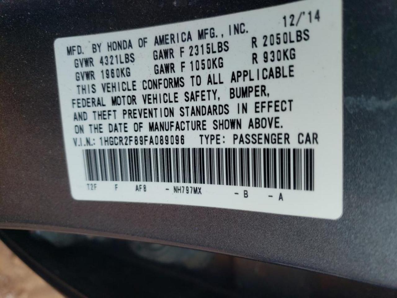 Photo 10 from auction – 2015 HONDA ACCORD EXL with VIN 1HGCR2F89FA089096