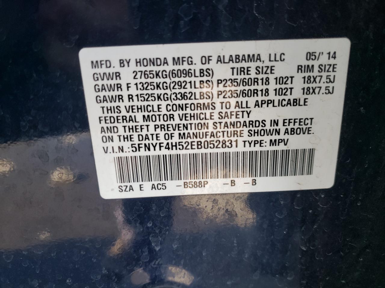 Photo 10 from auction – 2014 HONDA PILOT EXL with VIN 5FNYF4H52EB052831
