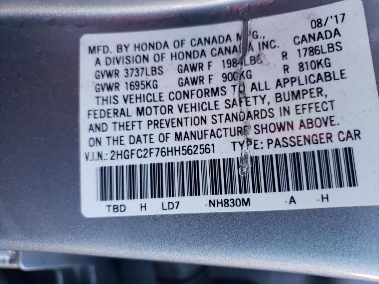 Photo 10 from auction – 2017 HONDA CIVIC EX with VIN 2HGFC2F76HH562561